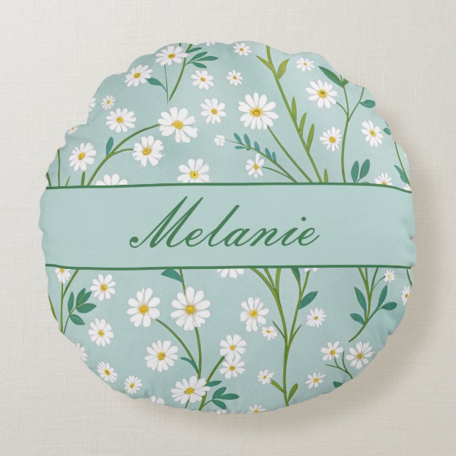 Cute Floral Spring Daisy Green Personalized Round Pillow (Front)