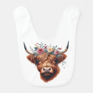 Cute, floral/spring highland cow baby bib