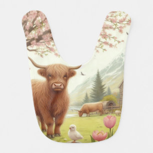 Cute, floral/spring highland cow baby bib