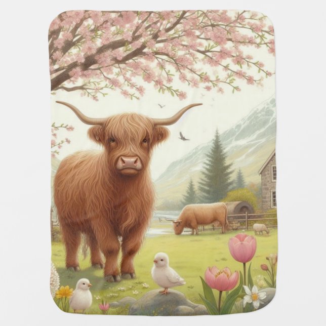 Cute, floral/spring highland cow baby blanket (Front)