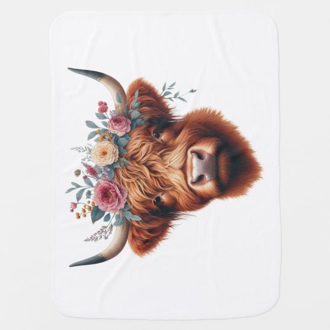 Cute, floral/spring highland cow baby blanket (Front)