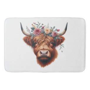 Cute, floral/spring highland cow bath mat