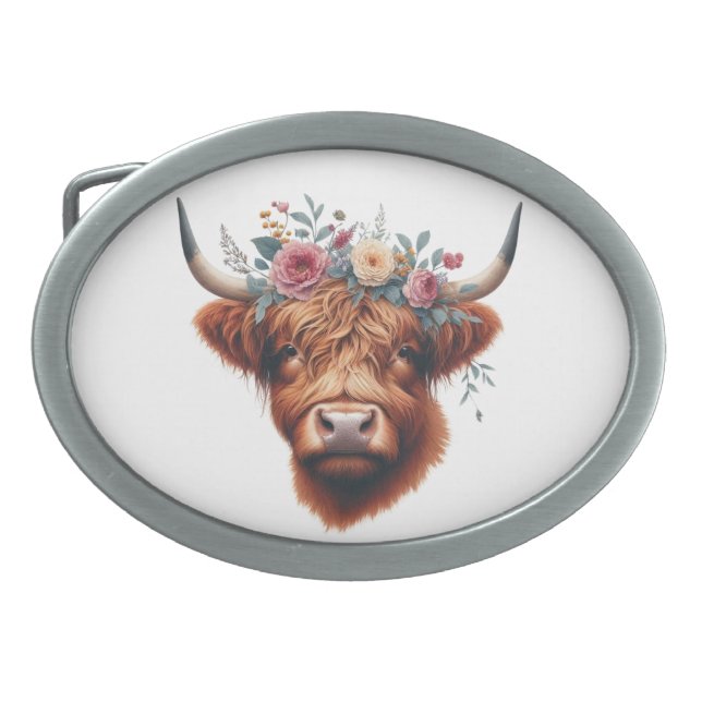 Cute, floral/spring highland cow belt buckle (Front)