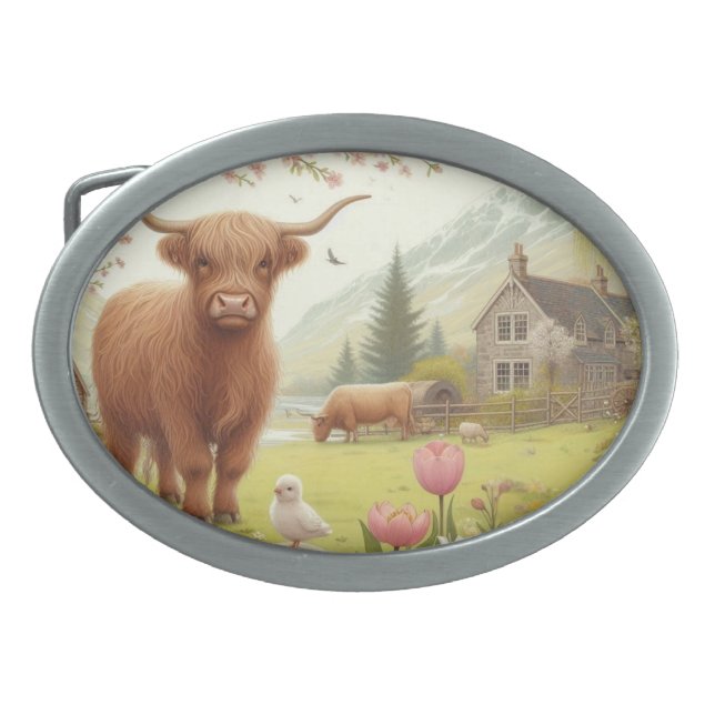Cute, floral/spring highland cow belt buckle (Front)