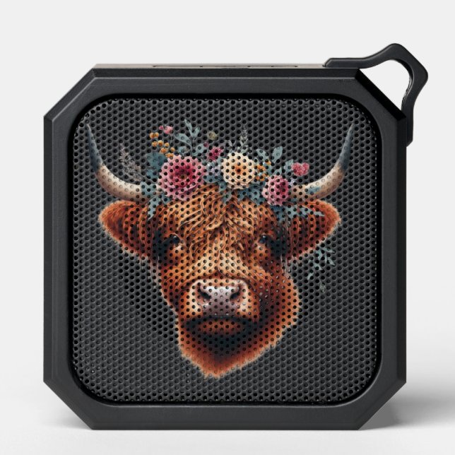 Cute, floral/spring highland cow bluetooth speaker (Front)