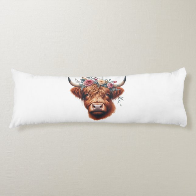 Cute, floral/spring highland cow body pillow (Front)