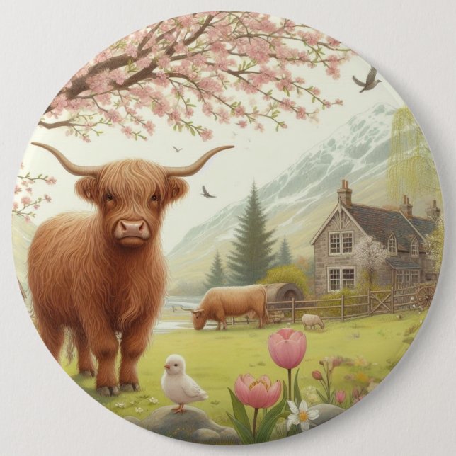 Cute, floral/spring highland cow button (Front)