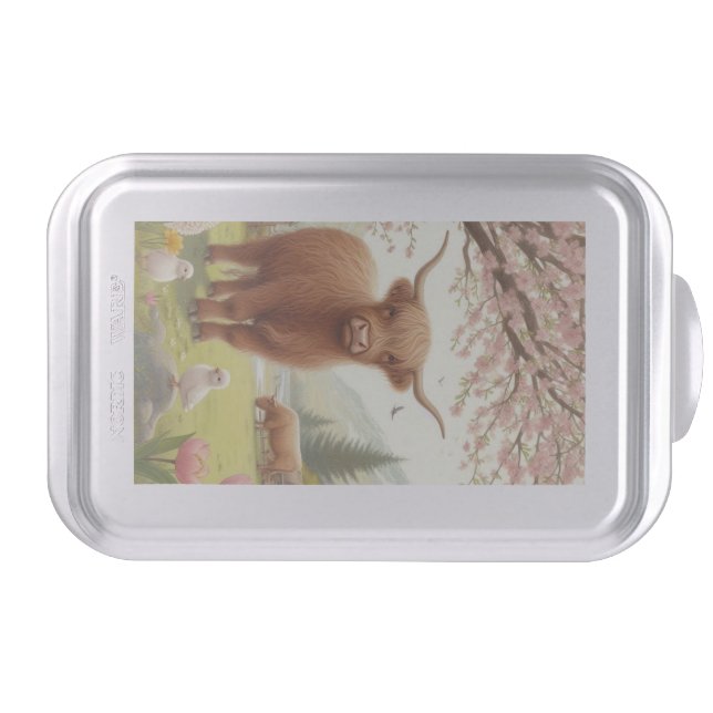 Cute, floral/spring highland cow cake pan (Front)