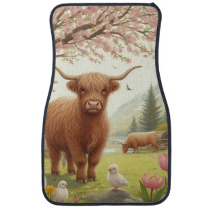 Cute, floral/spring highland cow car floor mat