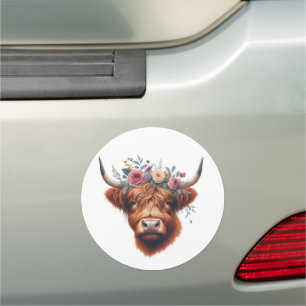 Cute, floral/spring highland cow car magnet