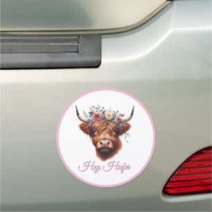 Cute, floral/spring highland cow car magnet