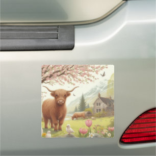 Cute, floral/spring highland cow car magnet