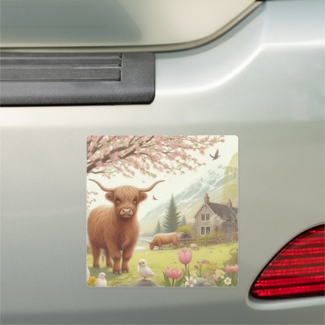 Cute, floral/spring highland cow car magnet (In Situ)