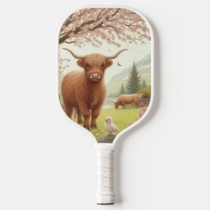 Cute, floral/spring highland cow carbon fiber pickleball paddle