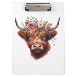 Cute, floral/spring highland cow clipboard