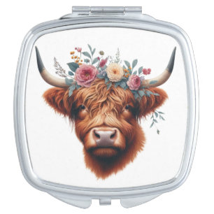 Cute, floral/spring highland cow compact mirror