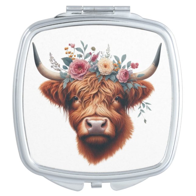 Cute, floral/spring highland cow compact mirror (Front)