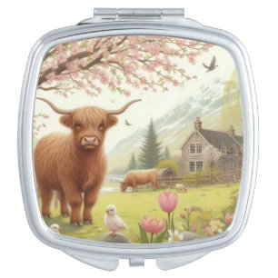 Cute, floral/spring highland cow compact mirror