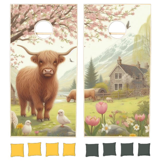 Cute, floral/spring highland cow cornhole set (Set)