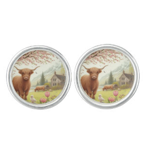 Cute, floral/spring highland cow cufflinks