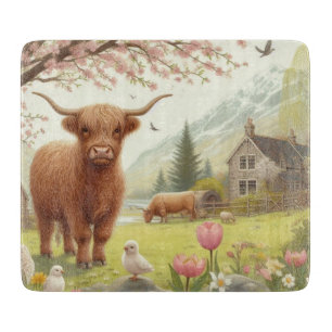 Cute, floral/spring highland cow cutting board