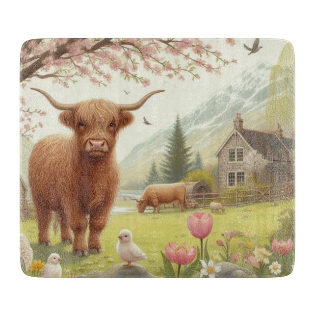 Cute, floral/spring highland cow cutting board (Front)