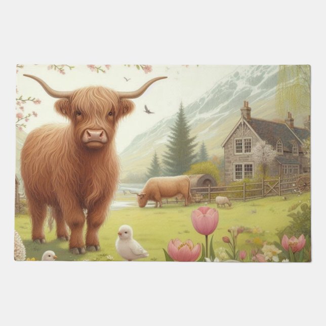 Cute, floral/spring highland cow doormat (Front)