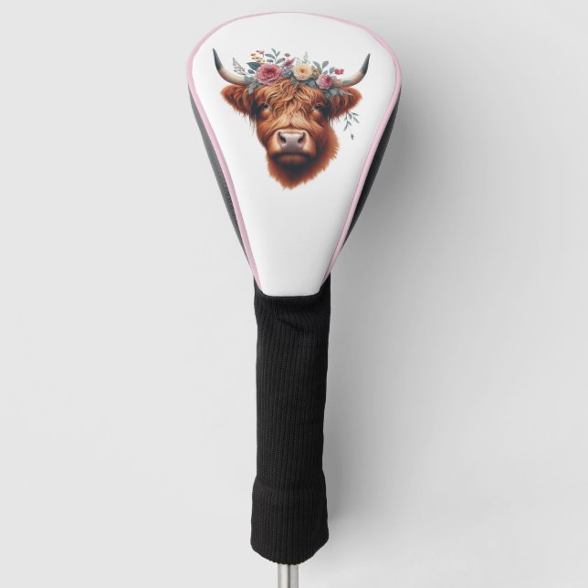 Cute, floral/spring highland cow golf head cover (Front)
