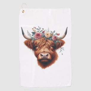 Cute, floral/spring highland cow golf towel