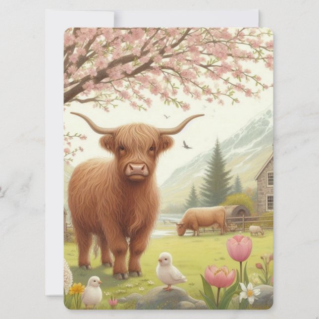 Cute, floral/spring highland cow holiday card (Front)