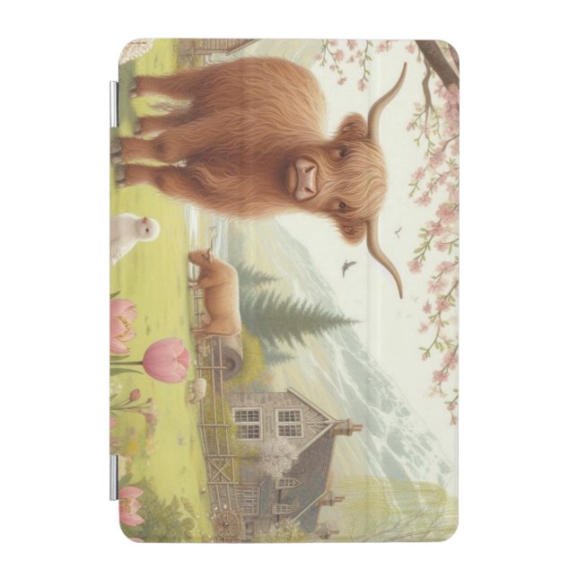 Cute, floral/spring highland cow iPad mini cover (Front)