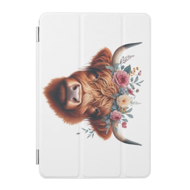 Cute, floral/spring highland cow iPad mini cover (Front)