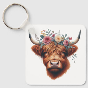 Cute, floral/spring highland cow keychain