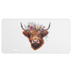 Cute, floral/spring highland cow license plate