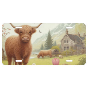 Cute, floral/spring highland cow license plate