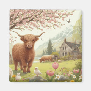 Cute, floral/spring highland cow magnet