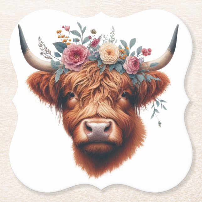 Cute, floral/spring highland cow paper coaster (Front)