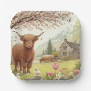 Cute, floral/spring highland cow paper plates