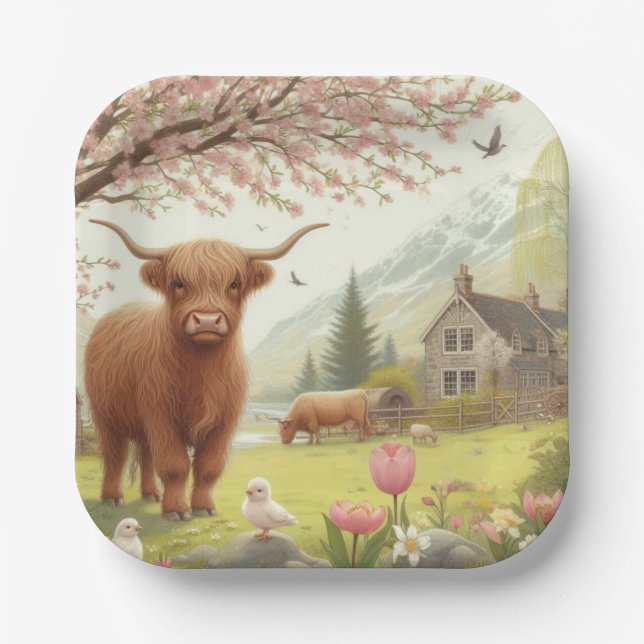 Cute, floral/spring highland cow paper plates (Front)