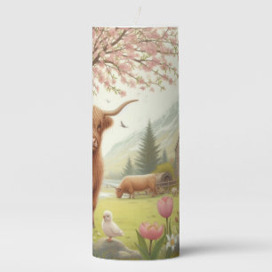 Cute, floral/spring highland cow pillar candle