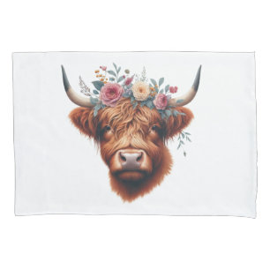 Cute, floral/spring highland cow pillow case