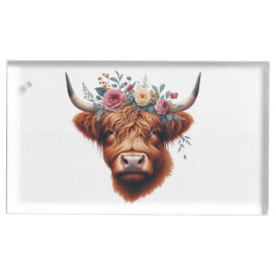 Cute, floral/spring highland cow place card holder
