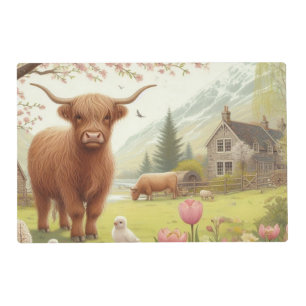 Cute, floral/spring highland cow placemat