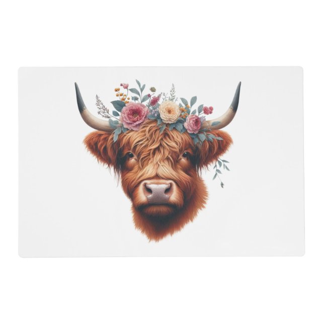 Cute, floral/spring highland cow placemat (Front)