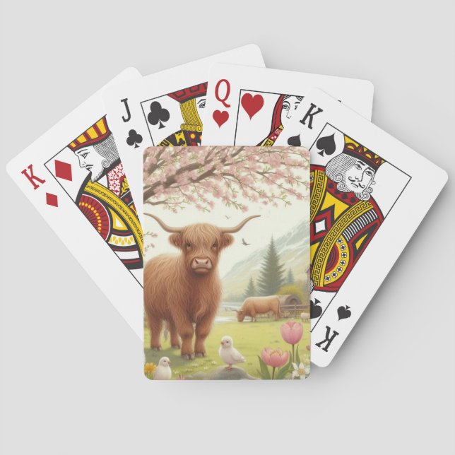 Cute, floral/spring highland cow poker cards (Back)