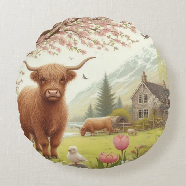 Cute, floral/spring highland cow round pillow (Front)