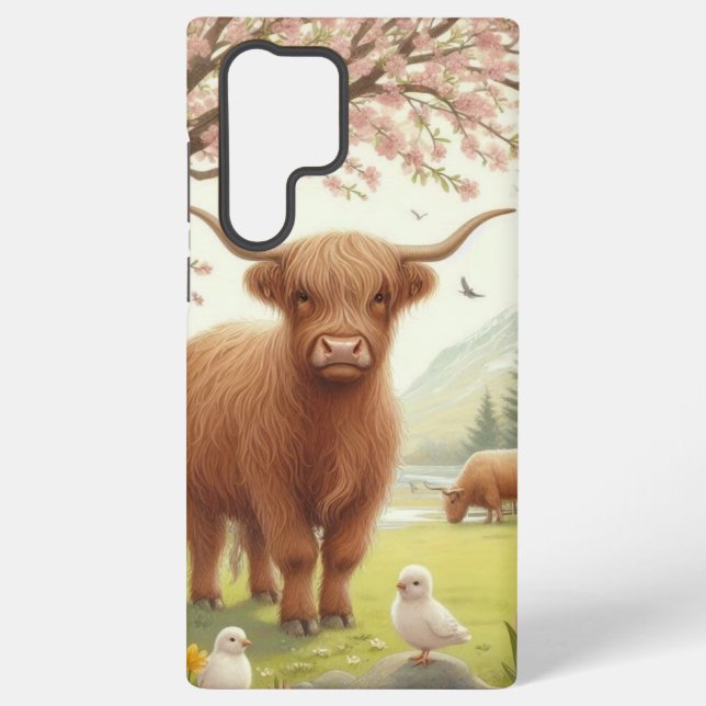 Cute, floral/spring highland cow samsung galaxy case (Back)
