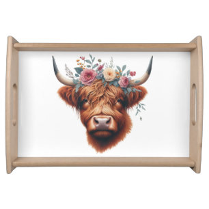 Cute, floral/spring highland cow serving tray