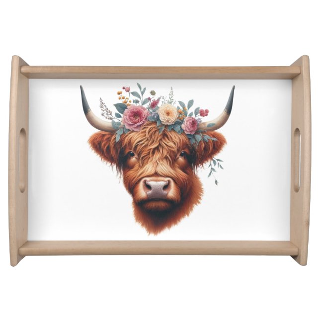 Cute, floral/spring highland cow serving tray (Front)