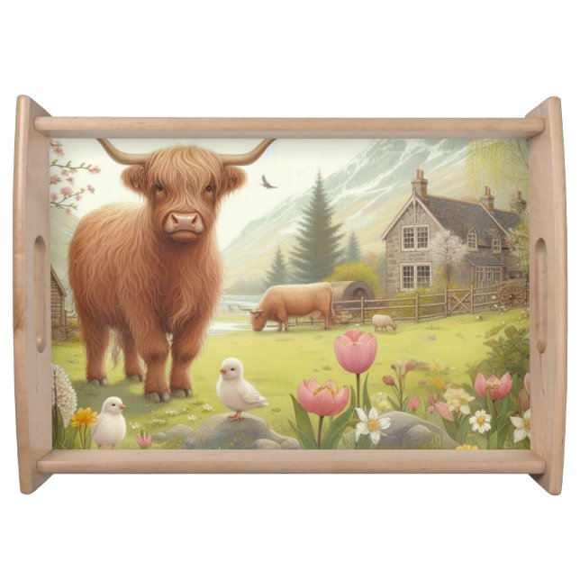 Cute, floral/spring highland cow serving tray (Front)